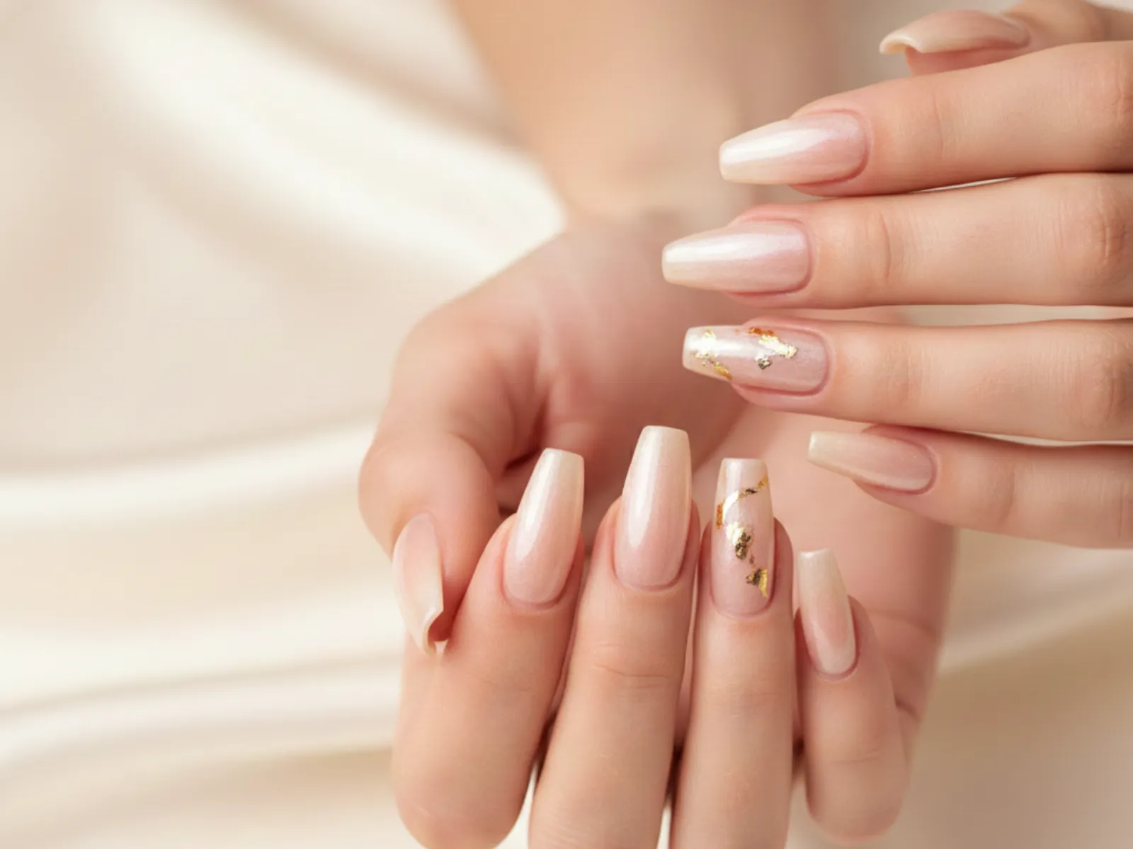 Curso Alongamento de Unhas - Mãos com unhas alongadas elegantes em tons nude com detalhes dourados