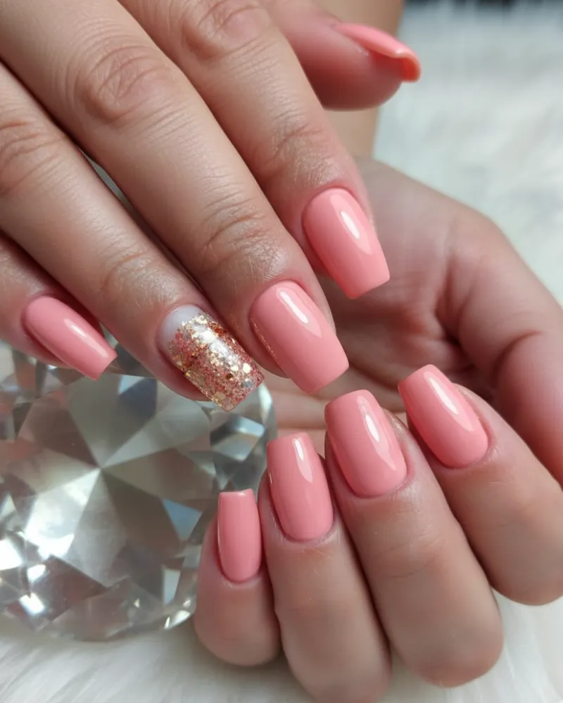 Modelo de esmaltação em gel cor coral com glitter